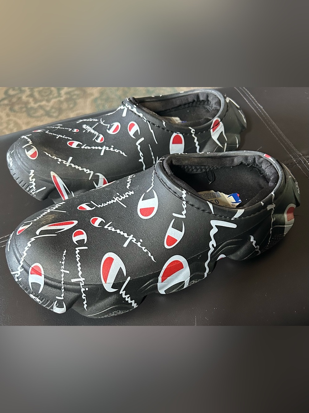 Champion Kids Black Slip-On Logo Clogs with Red & White Accents